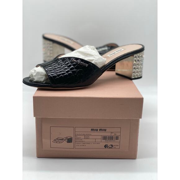 Miu Miu Black Embossed Croc Crystal Embellished Heel Slide Sandals. 39 eu (9 us) - Picture 3 of 8